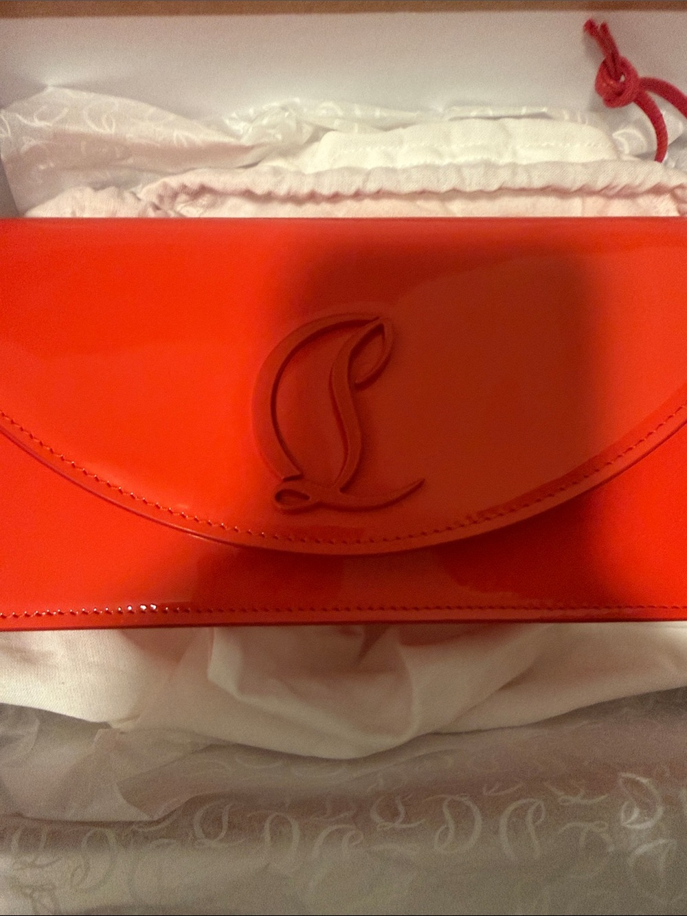 Orange Patent Leather Loub Clutch